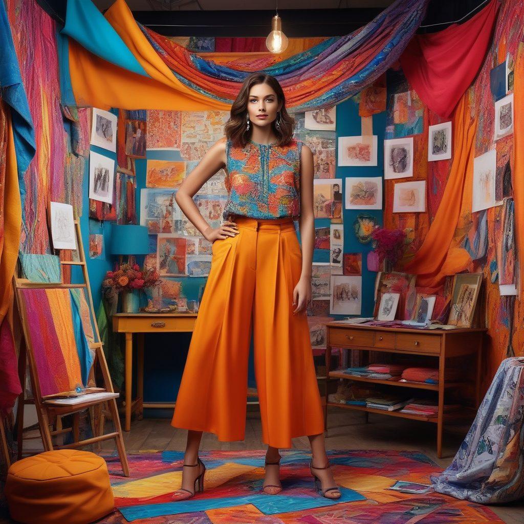 A vibrant fashion scene showcasing a model dressed in a stunning, unique design by G Barbosa, surrounded by colorful fabrics and sketching materials. The background features an artistic studio vibe with hanging sketches and a mood board filled with inspiration. The model poses confidently, exuding creativity and flair, emphasizing the concept of elevating one's wardrobe. Incorporate bright, eye-catching colors to capture the uniqueness of the designs. super-realistic. vibrant colors.