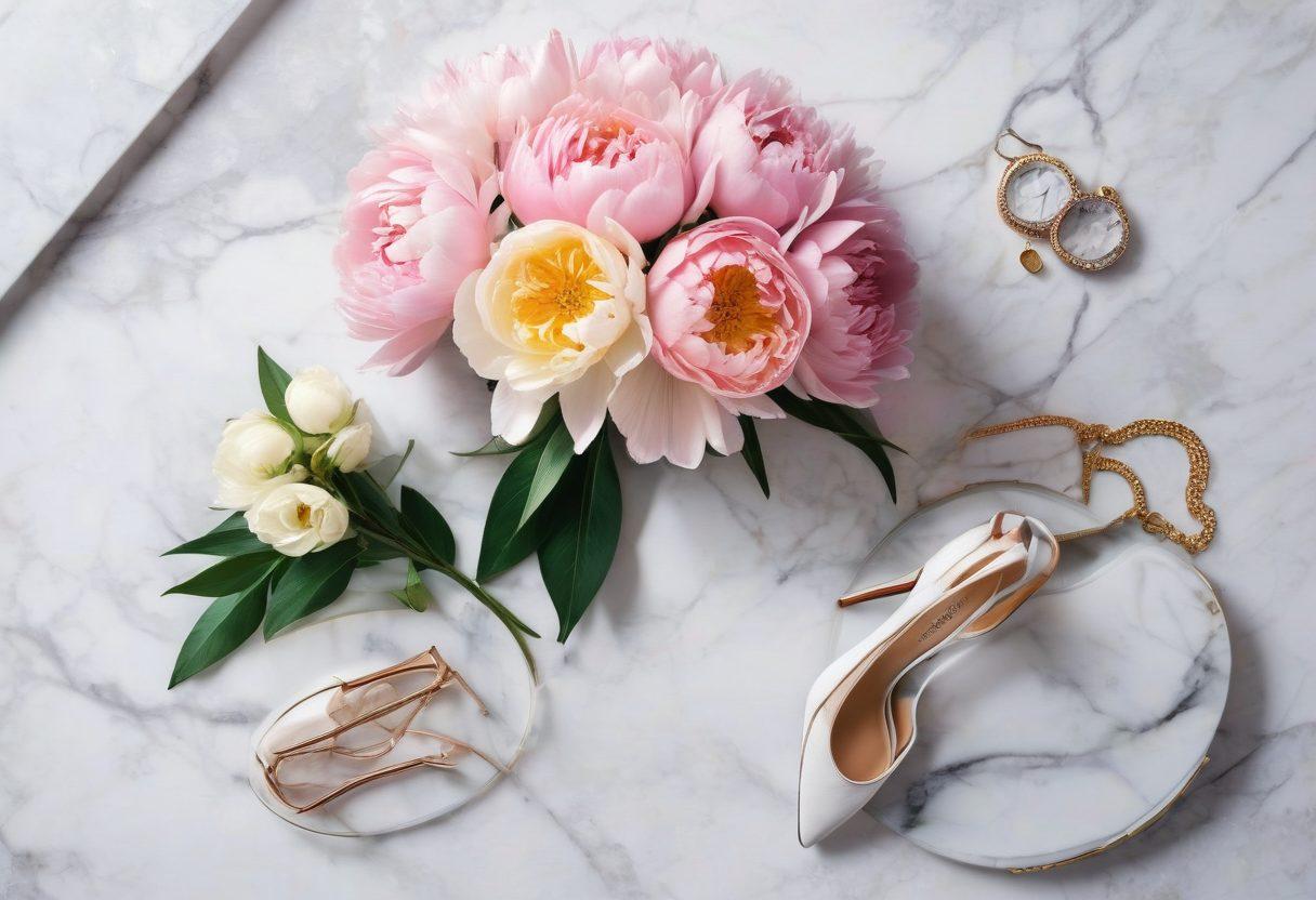 A stylish, modern flat lay showcasing an array of luxurious fashion items, including elegant clothing, chic accessories, and trendy footwear, all arranged on a marble surface. Incorporate subtle hints of a sunny day with soft shadows and a few fresh flowers for a vibrant touch. The scene should evoke a sense of sophistication and lifestyle elegance. super-realistic. vibrant colors. airy background.